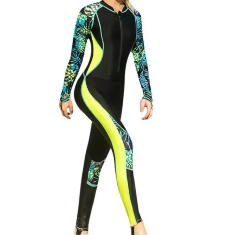 Black and Yellow One Piece Swimsuit with Tropical Sleeves